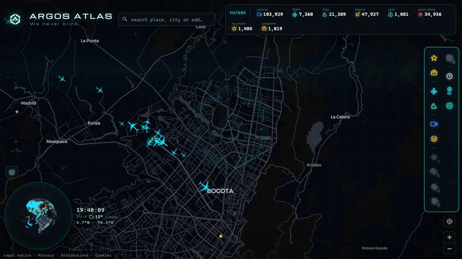 Mapa de Bogotá con cámaras, vuelos y barcos en vivo en ARGOS ATLAS