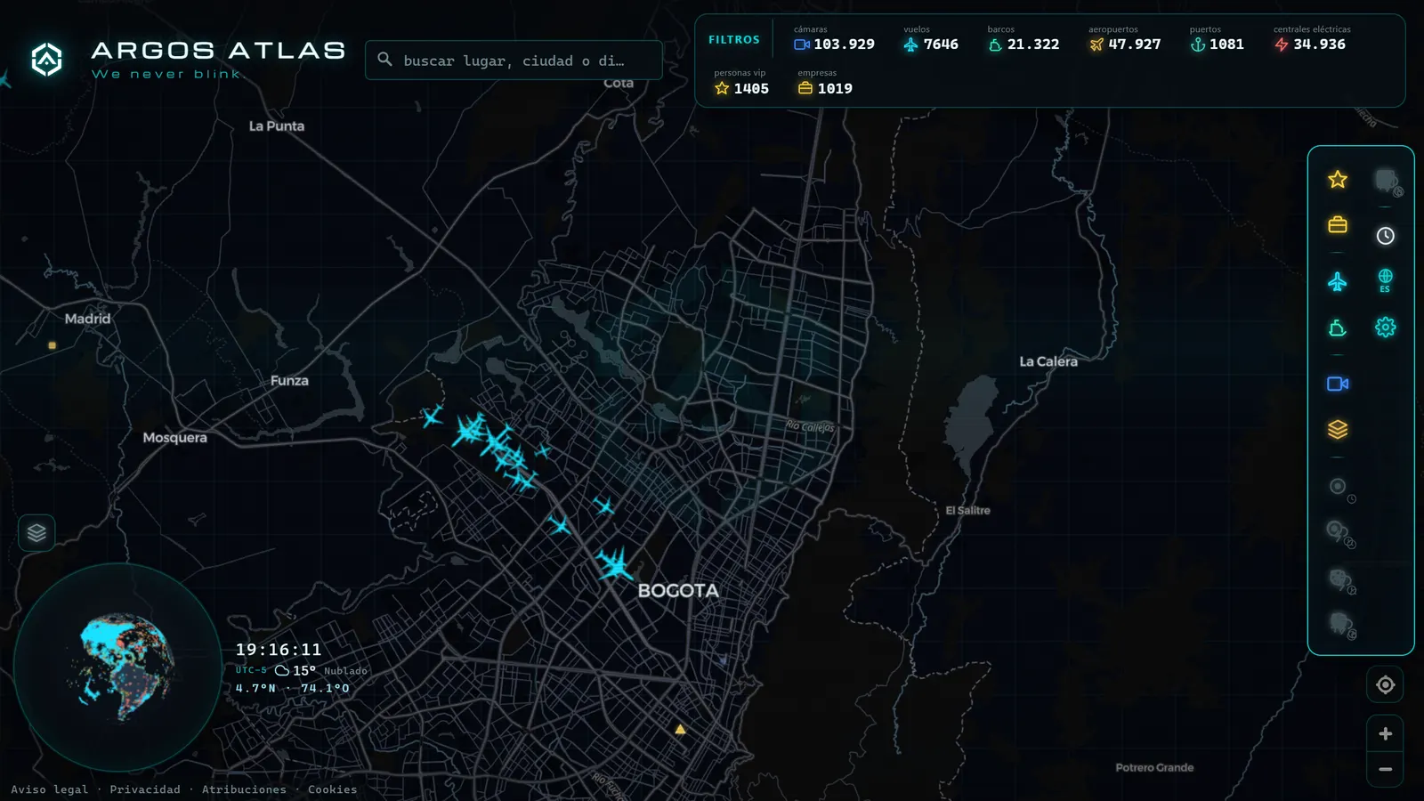 Mapa de Bogotá con cámaras, vuelos y barcos en vivo en ARGOS ATLAS