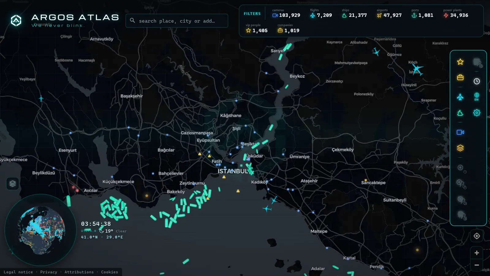 Mapa de the Bosphorus con cámaras, vuelos y barcos en vivo en ARGOS ATLAS