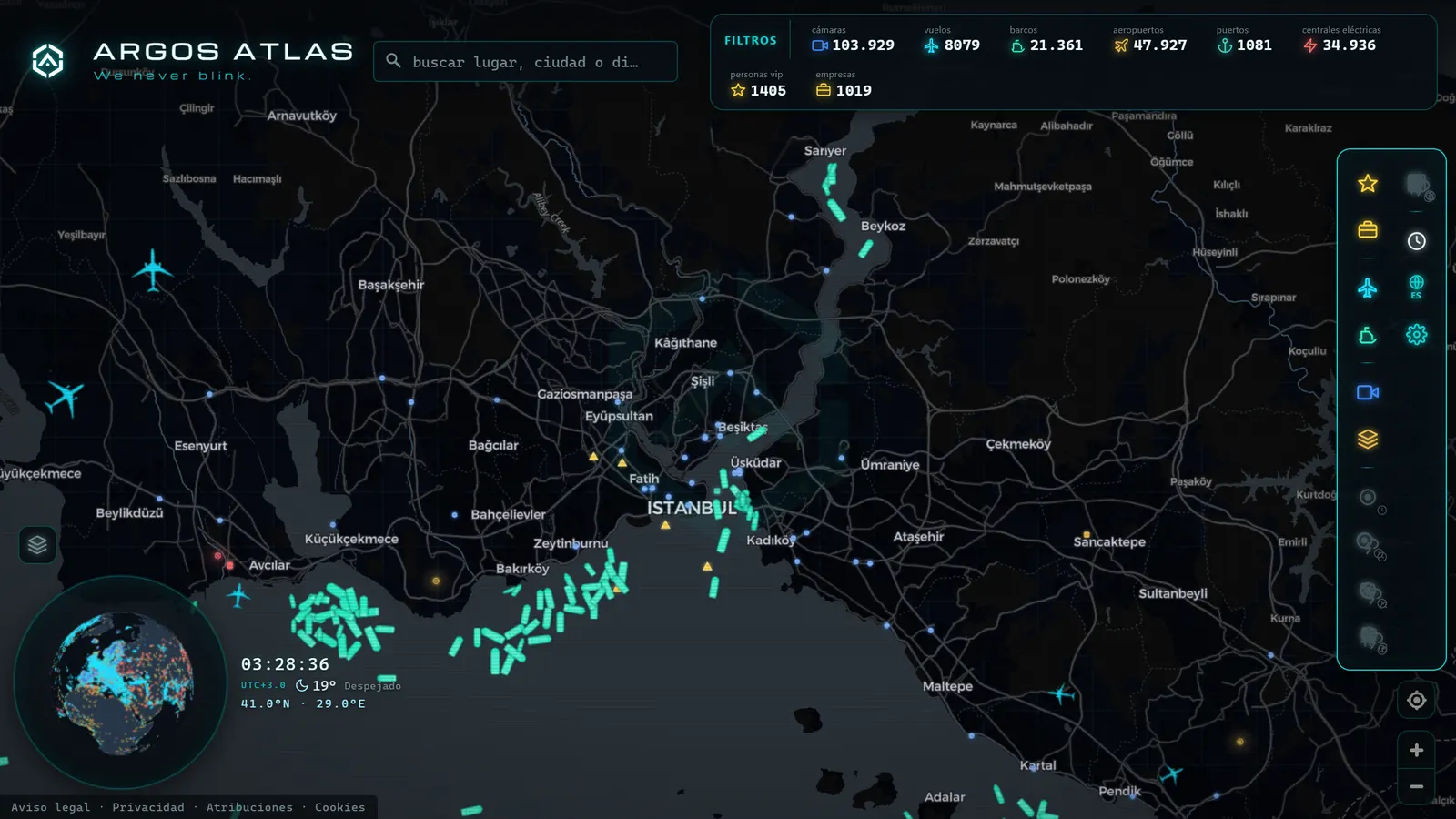 Mapa de el Bósforo con cámaras, vuelos y barcos en vivo en ARGOS ATLAS