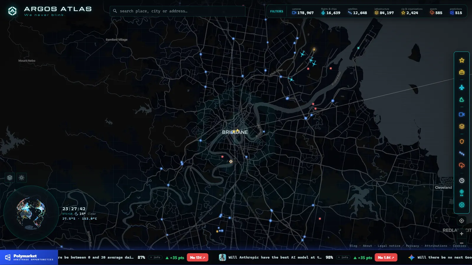 Mapa de Brisbane con cámaras, vuelos y barcos en vivo en ARGOS ATLAS