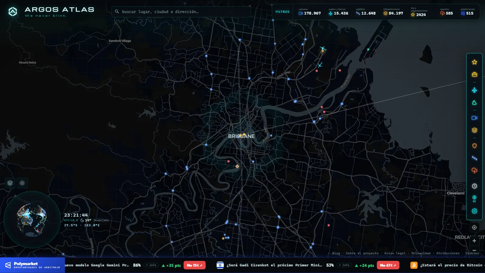 Mapa de Brisbane con cámaras, vuelos y barcos en vivo en ARGOS ATLAS