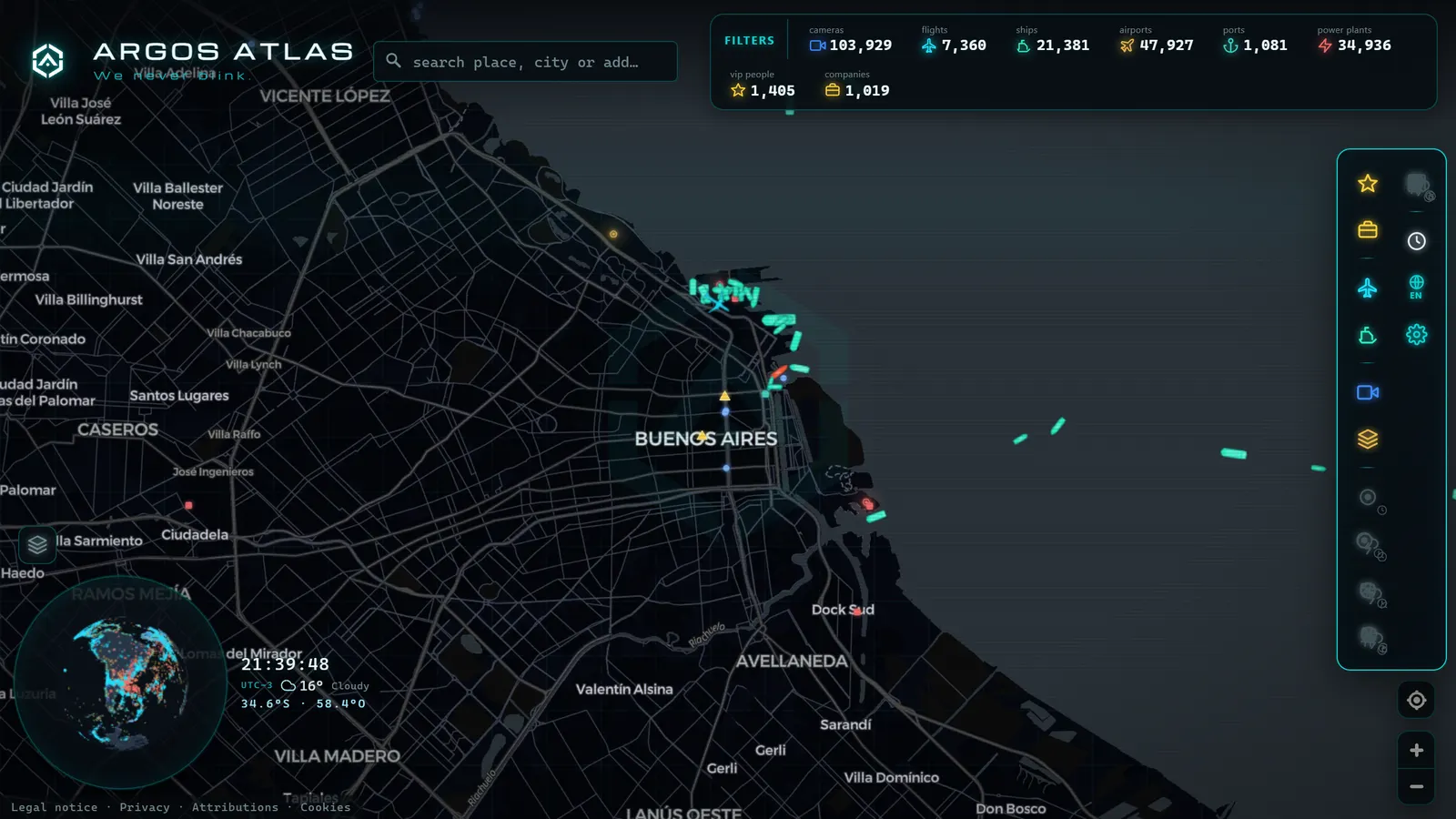 Mapa de Buenos Aires con cámaras, vuelos y barcos en vivo en ARGOS ATLAS