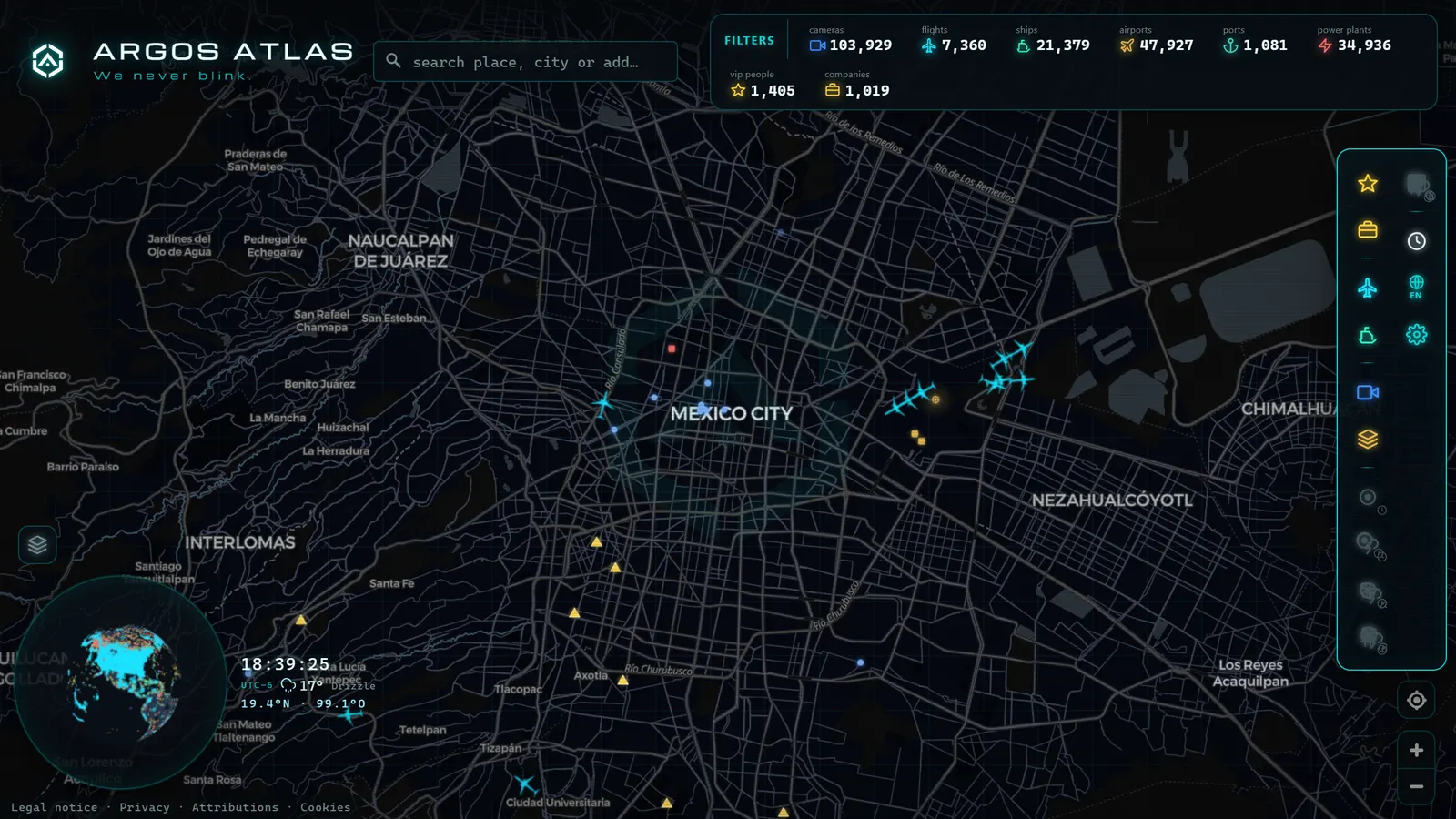 Mapa de Mexico City con cámaras, vuelos y barcos en vivo en ARGOS ATLAS