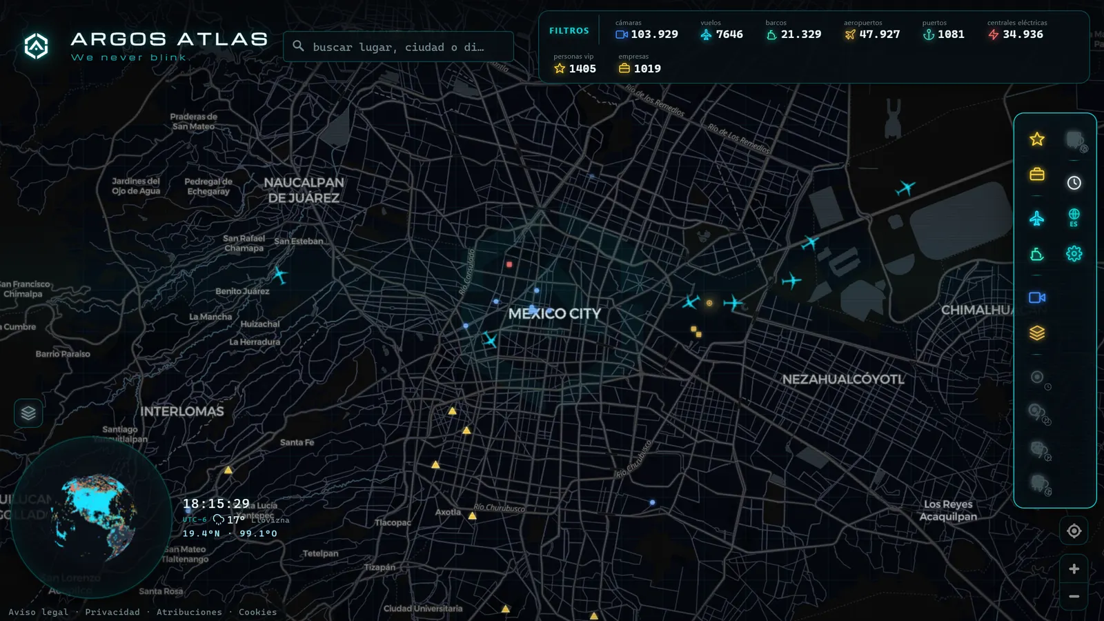 Mapa de Ciudad de México con cámaras, vuelos y barcos en vivo en ARGOS ATLAS
