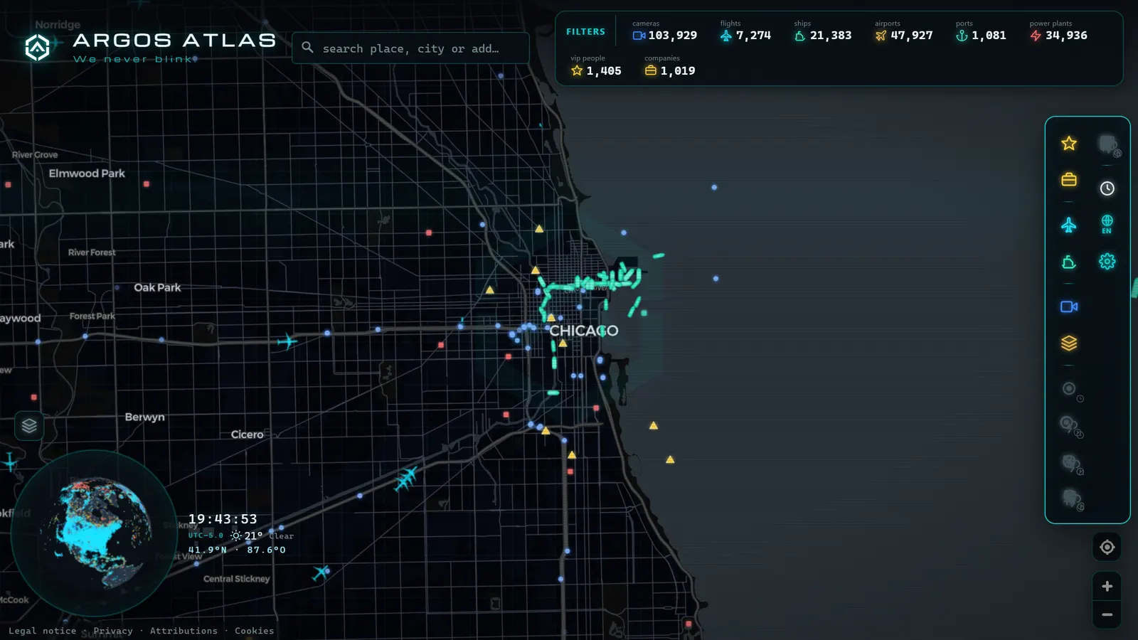Mapa de Chicago con cámaras, vuelos y barcos en vivo en ARGOS ATLAS