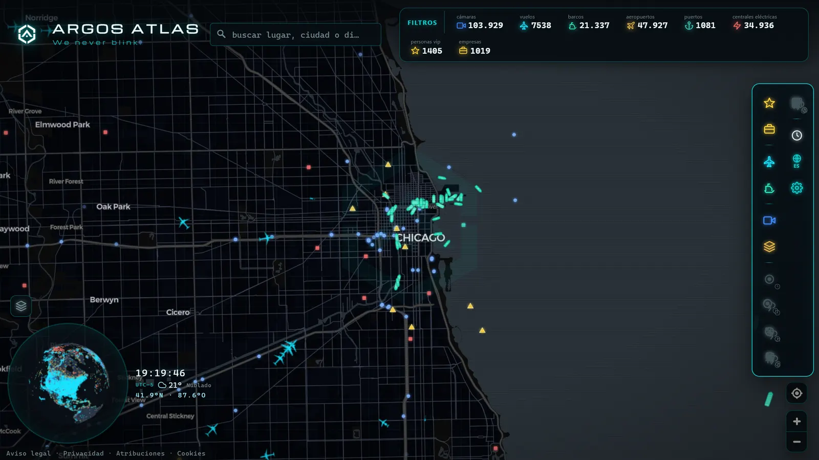 Mapa de Chicago con cámaras, vuelos y barcos en vivo en ARGOS ATLAS