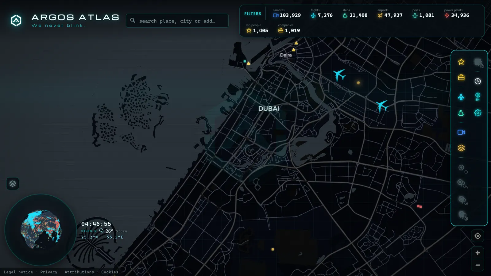 Mapa de Dubai con cámaras, vuelos y barcos en vivo en ARGOS ATLAS
