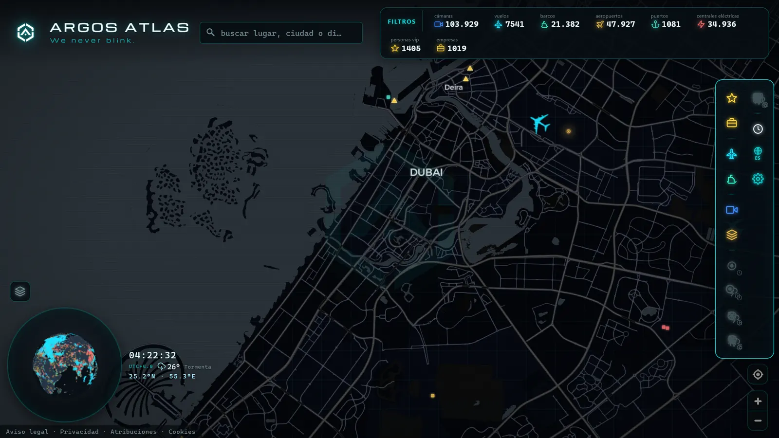 Mapa de Dubái con cámaras, vuelos y barcos en vivo en ARGOS ATLAS