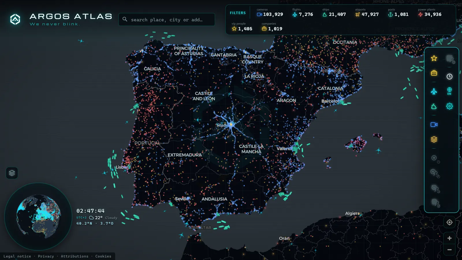 Mapa de Spain con cámaras, vuelos y barcos en vivo en ARGOS ATLAS