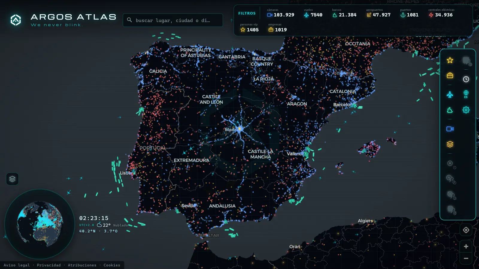 Mapa de España con cámaras, vuelos y barcos en vivo en ARGOS ATLAS