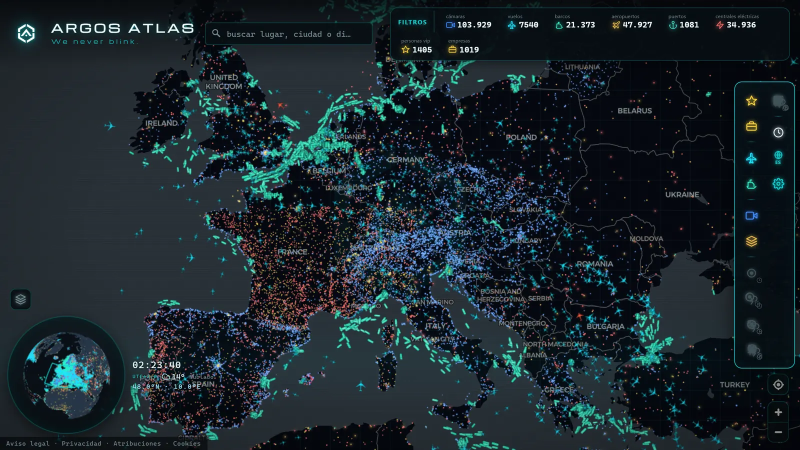Mapa de Europa con cámaras, vuelos y barcos en vivo en ARGOS ATLAS