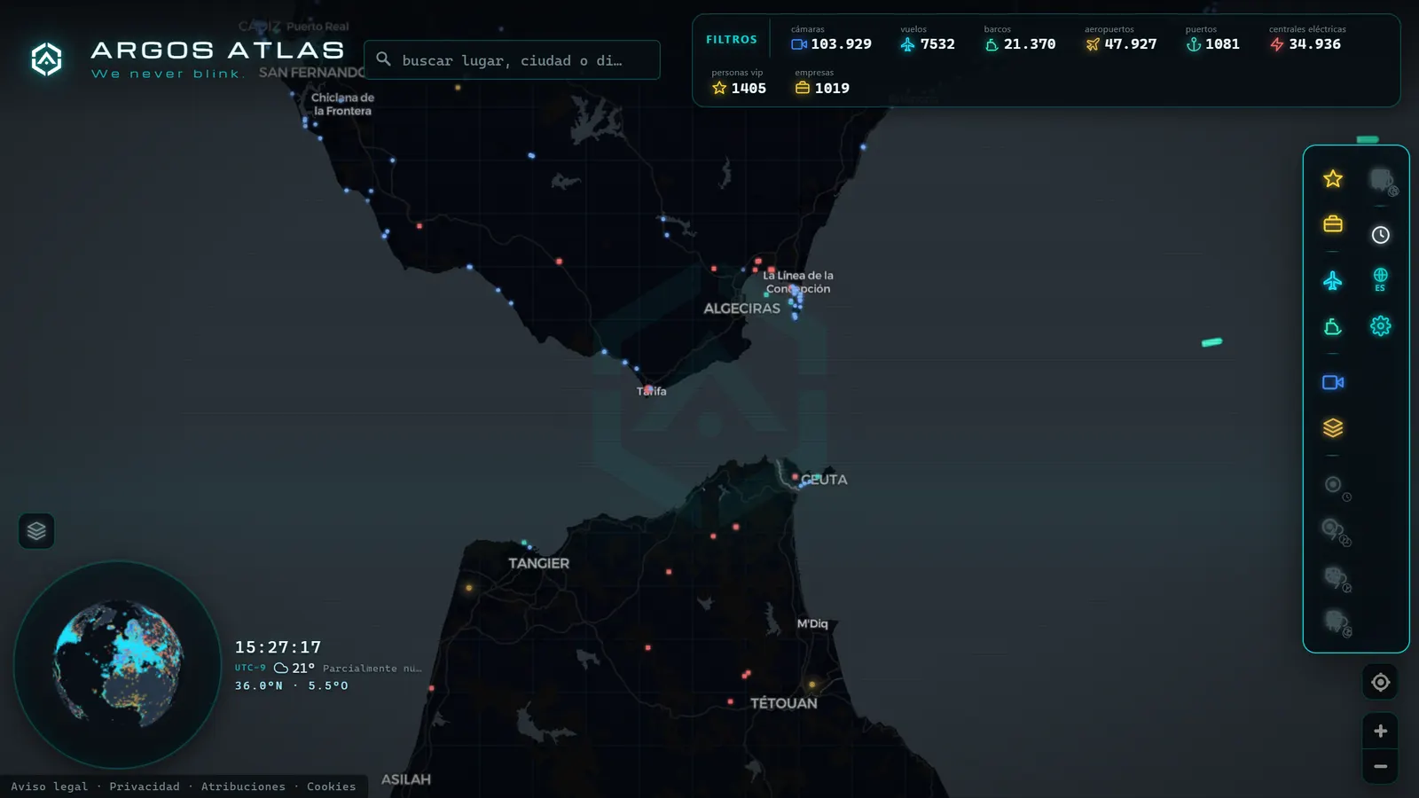 Mapa de el estrecho de Gibraltar con cámaras, vuelos y barcos en vivo en ARGOS ATLAS