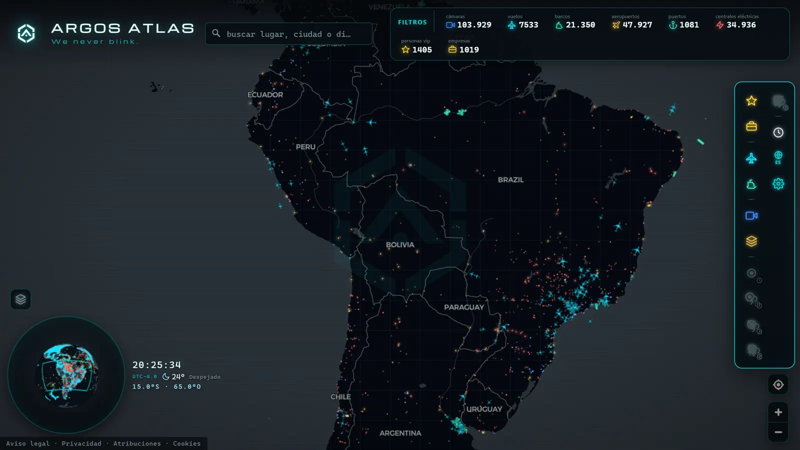 Mapa de América Latina con cámaras, vuelos y barcos en vivo en ARGOS ATLAS