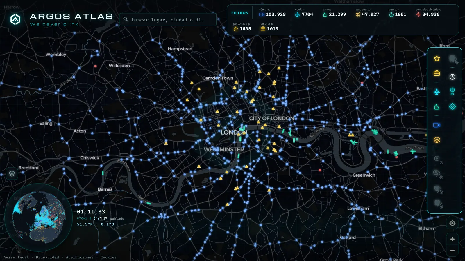 Mapa de Londres con cámaras, vuelos y barcos en vivo en ARGOS ATLAS