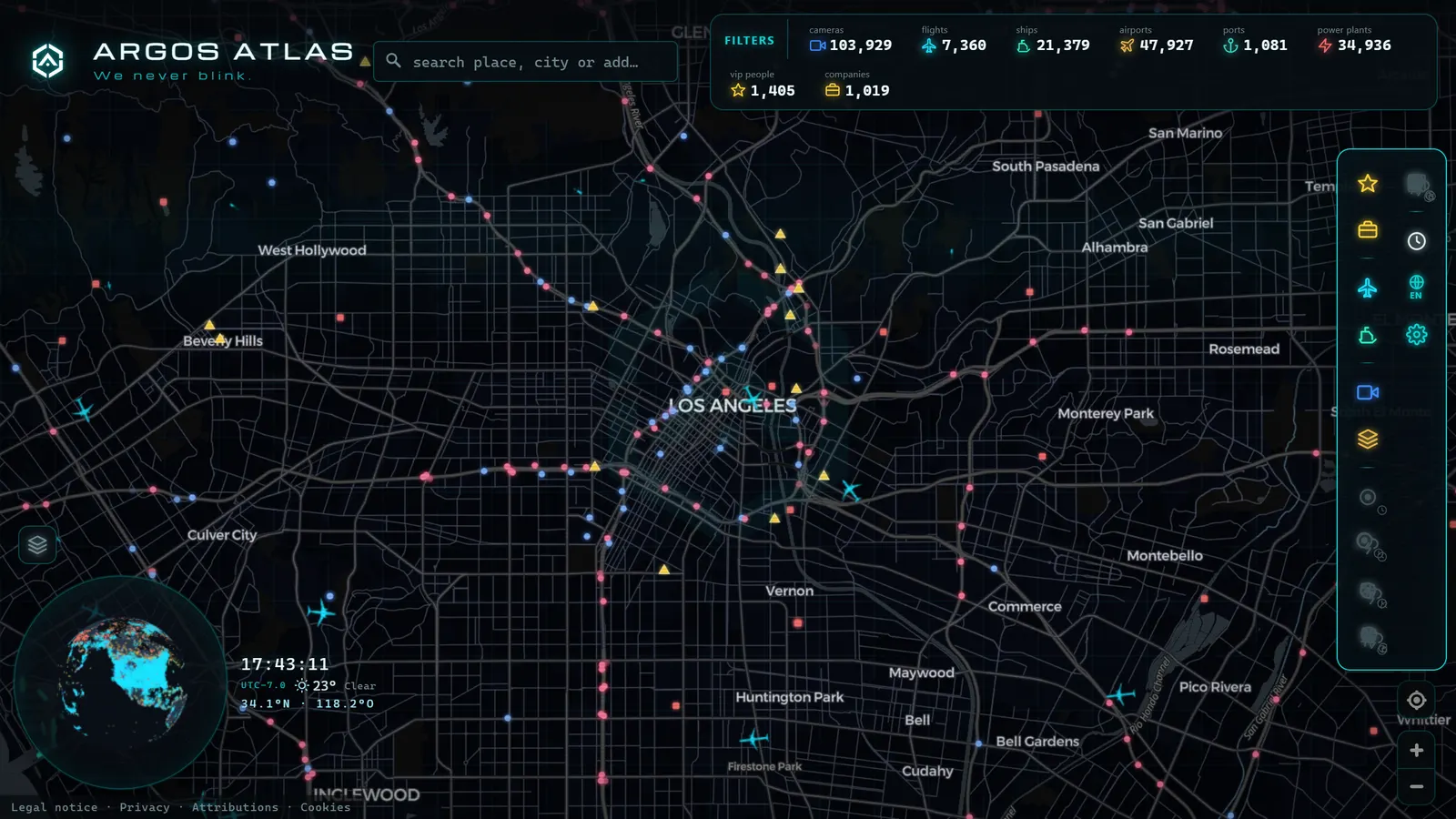 Mapa de Los Angeles con cámaras, vuelos y barcos en vivo en ARGOS ATLAS