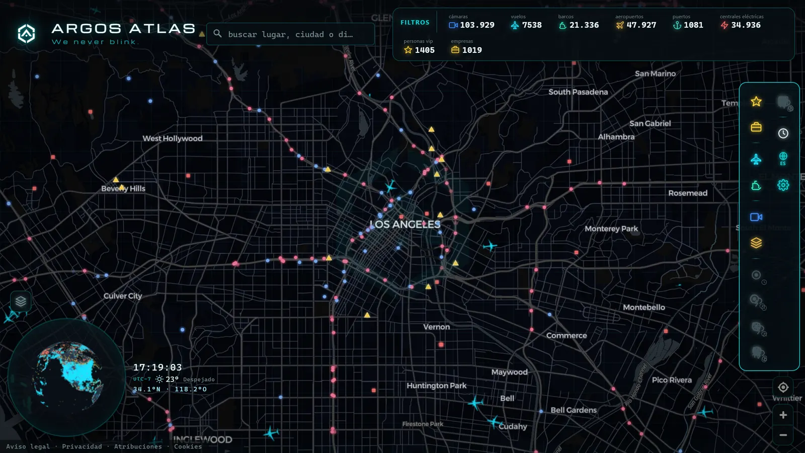 Mapa de Los Ángeles con cámaras, vuelos y barcos en vivo en ARGOS ATLAS