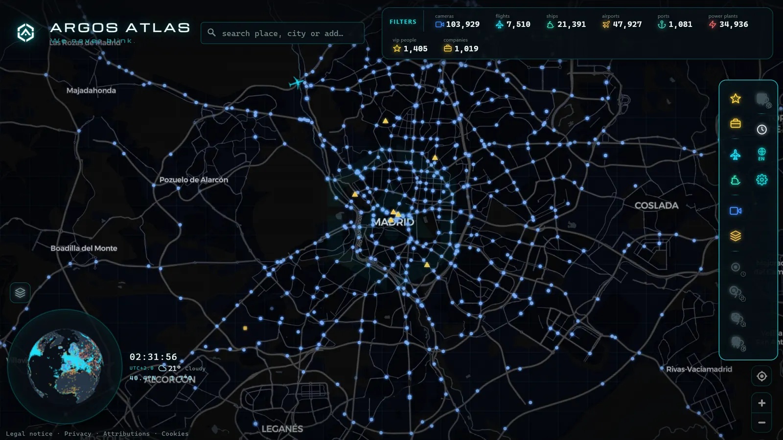 Mapa de Madrid con cámaras, vuelos y barcos en vivo en ARGOS ATLAS