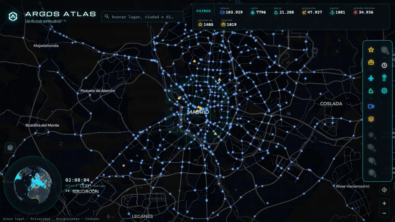 Mapa de Madrid con cámaras, vuelos y barcos en vivo en ARGOS ATLAS
