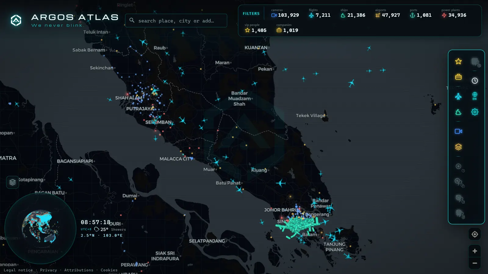 Mapa de the Strait of Malacca con cámaras, vuelos y barcos en vivo en ARGOS ATLAS
