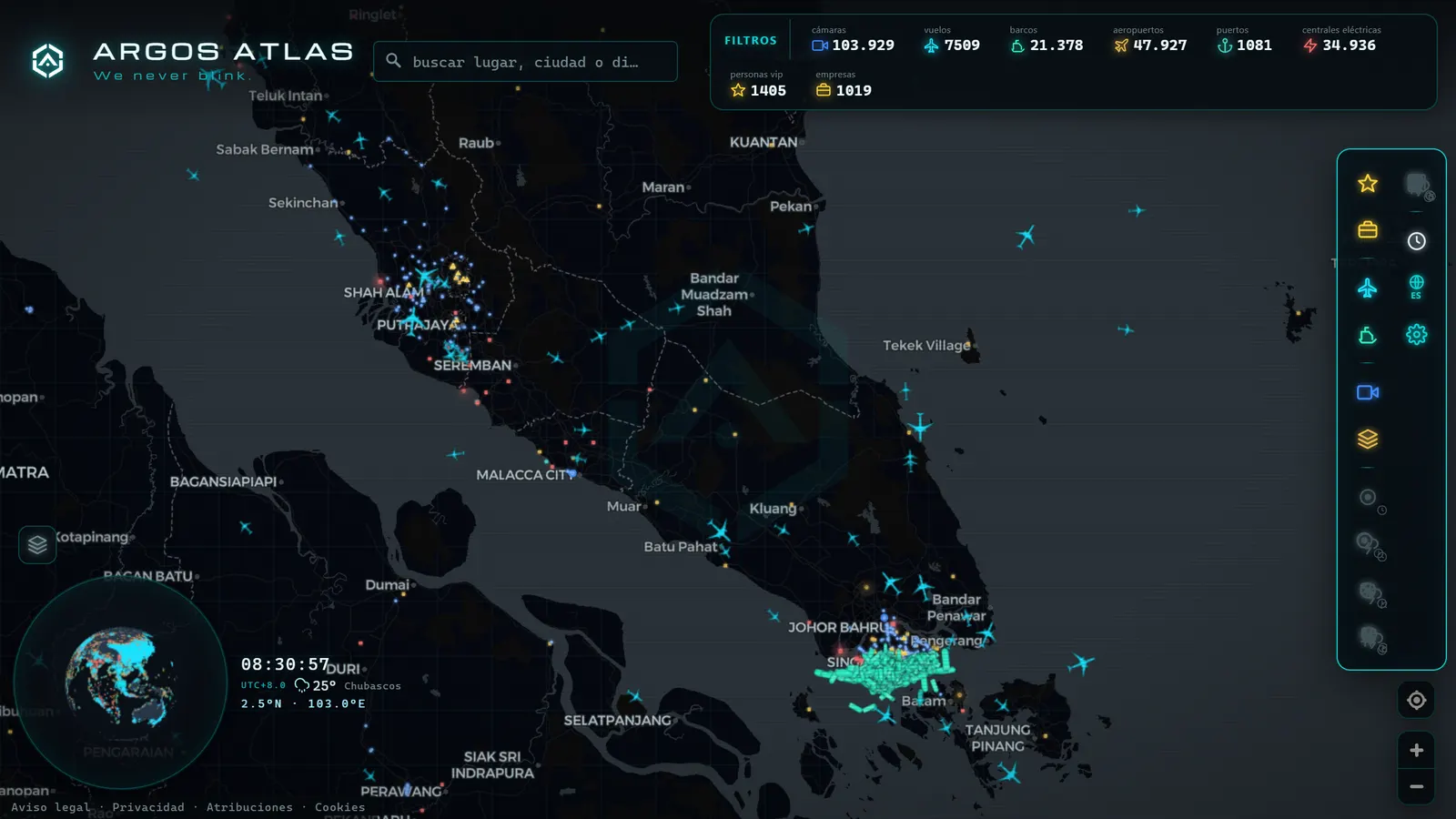 Mapa de el estrecho de Malaca con cámaras, vuelos y barcos en vivo en ARGOS ATLAS