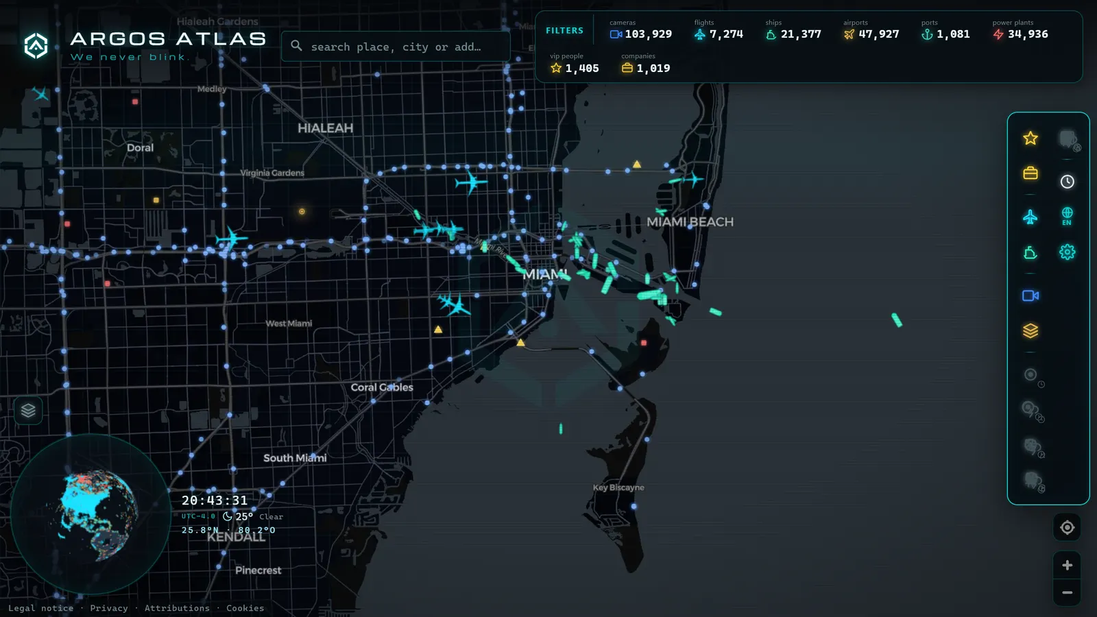 Mapa de Miami con cámaras, vuelos y barcos en vivo en ARGOS ATLAS