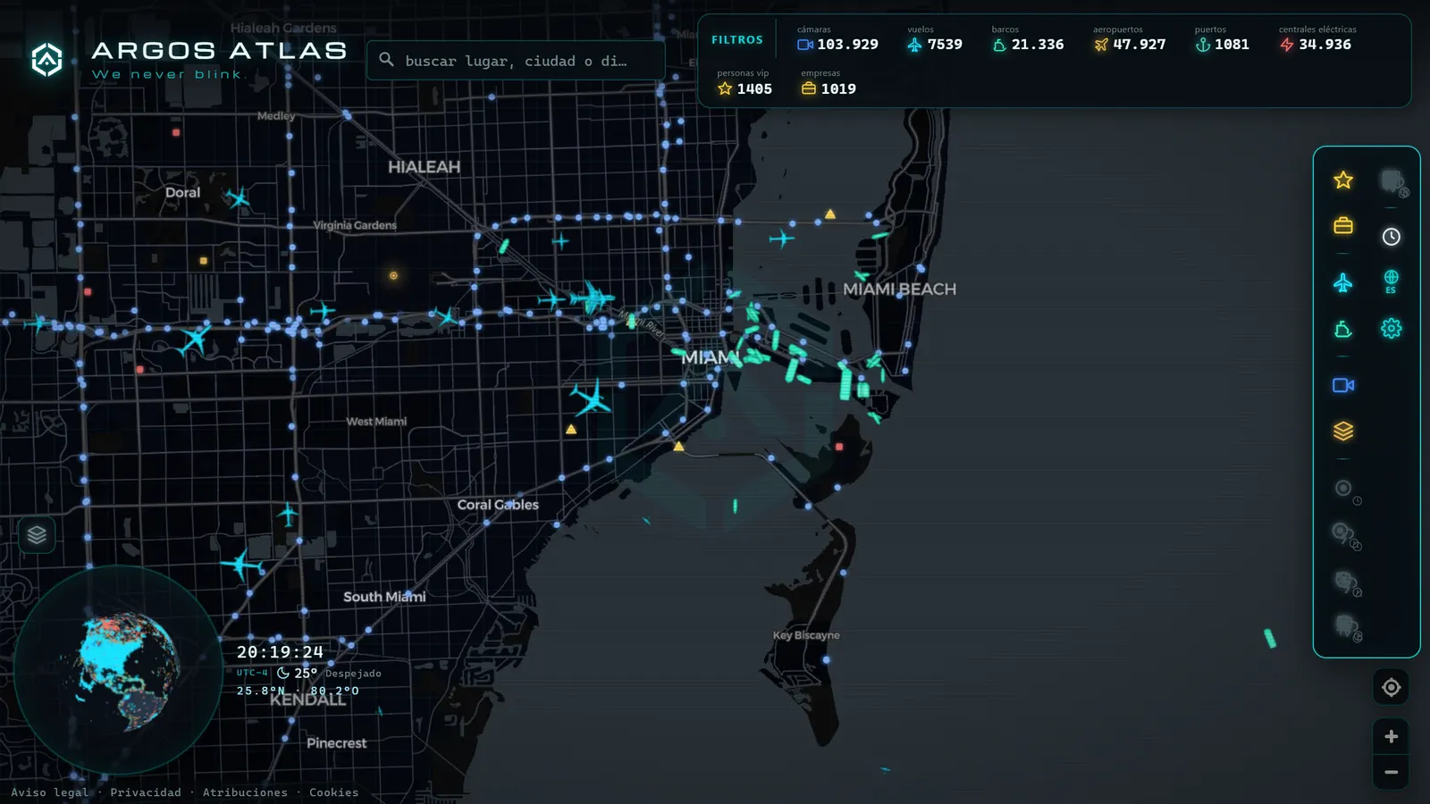 Mapa de Miami con cámaras, vuelos y barcos en vivo en ARGOS ATLAS