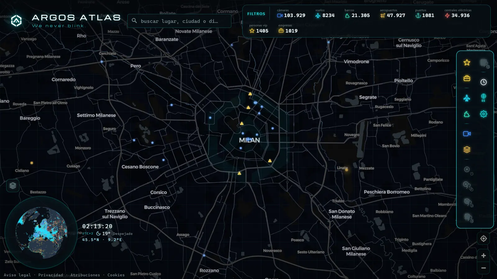 Mapa de Milán con cámaras, vuelos y barcos en vivo en ARGOS ATLAS
