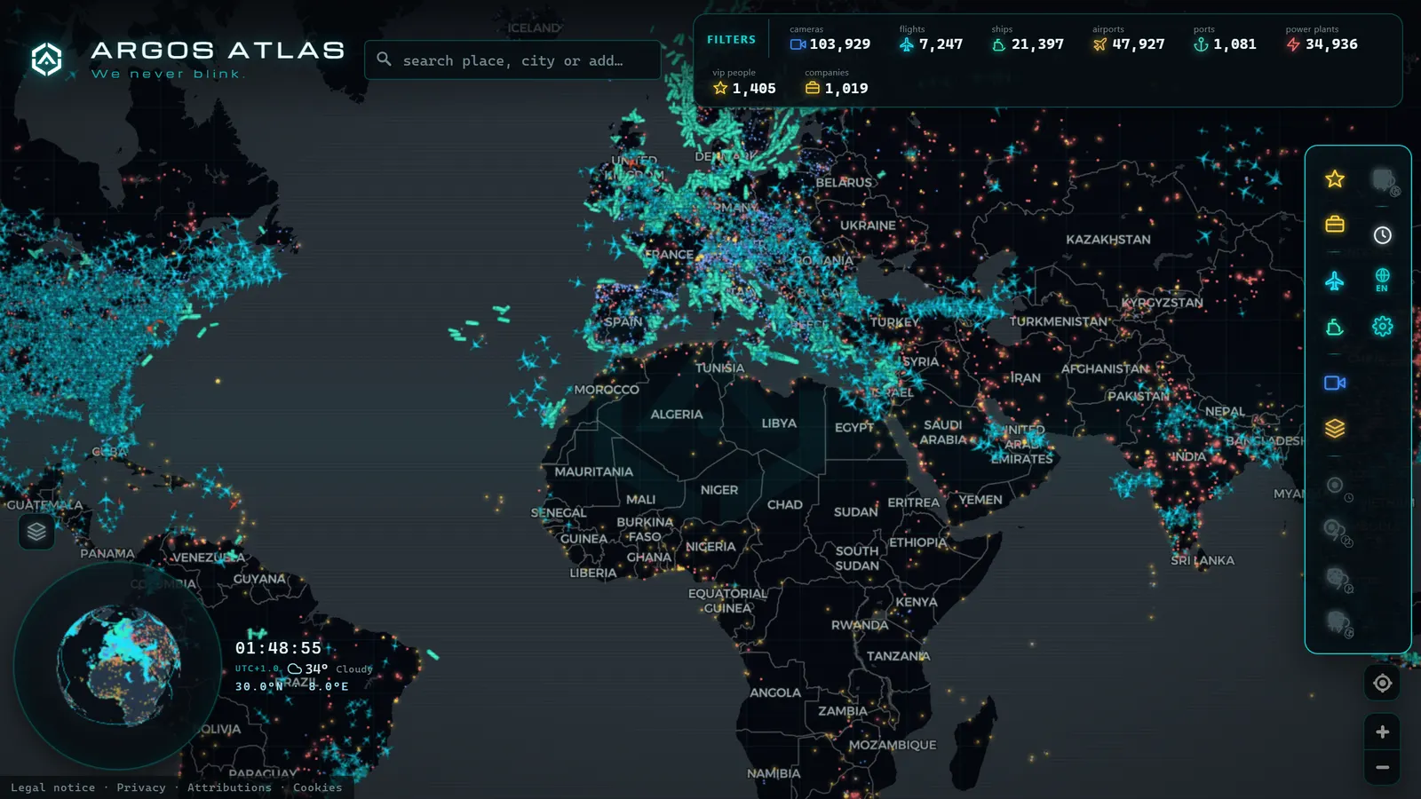 Mapa de the world con cámaras, vuelos y barcos en vivo en ARGOS ATLAS