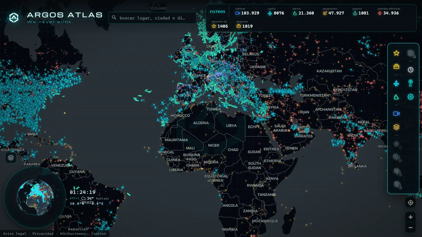 Mapa de el mundo con cámaras, vuelos y barcos en vivo en ARGOS ATLAS