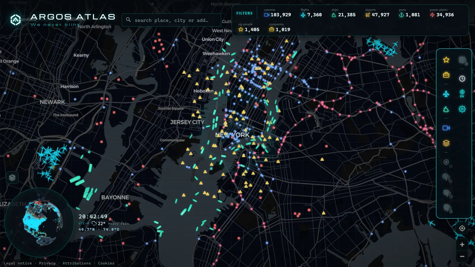 Mapa de New York con cámaras, vuelos y barcos en vivo en ARGOS ATLAS