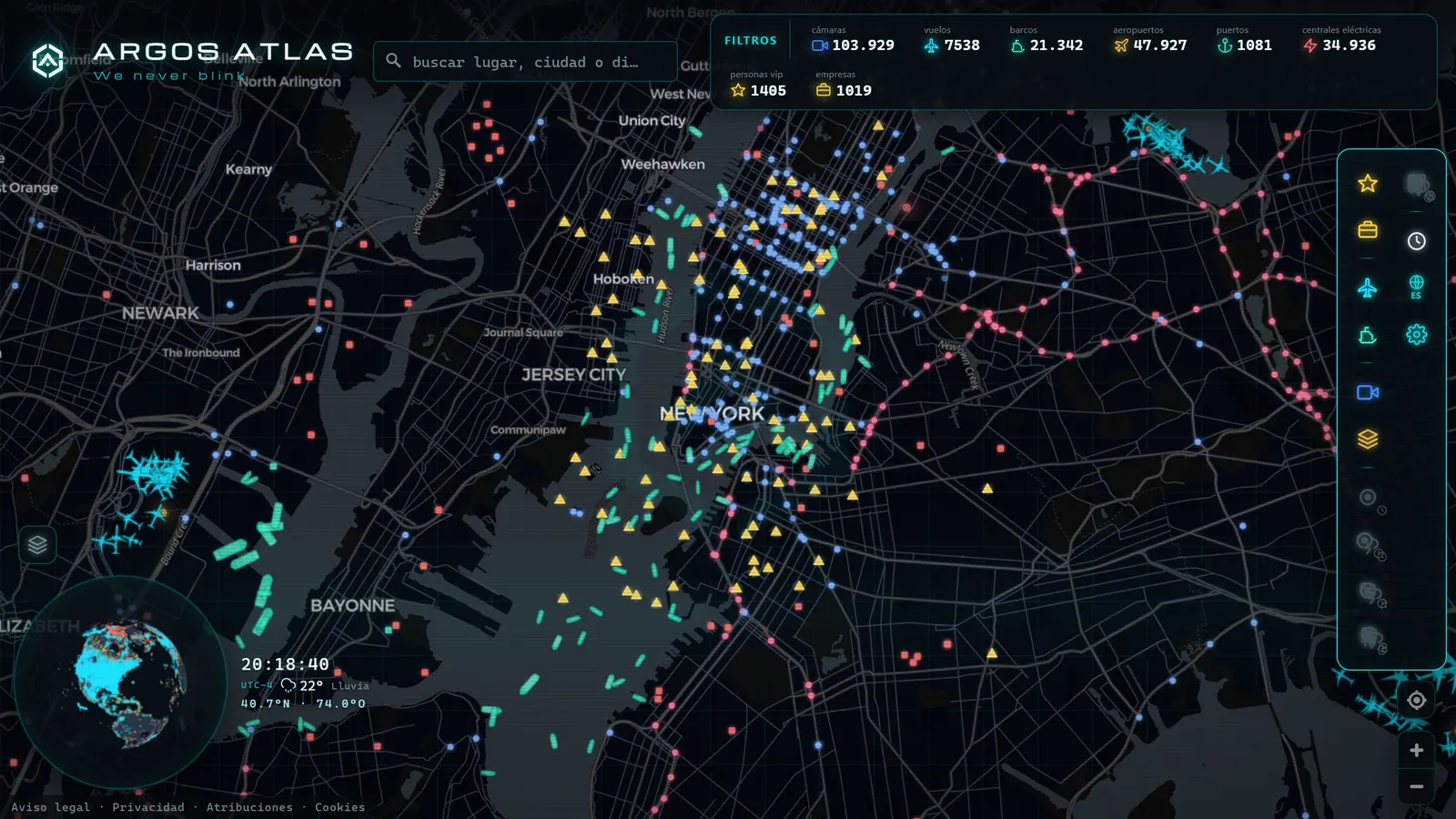 Mapa de Nueva York con cámaras, vuelos y barcos en vivo en ARGOS ATLAS