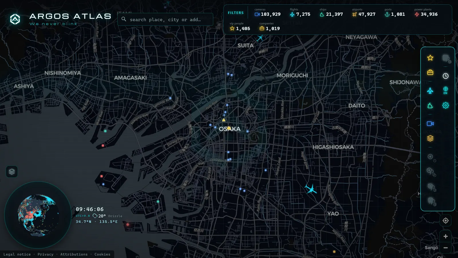 Mapa de Osaka con cámaras, vuelos y barcos en vivo en ARGOS ATLAS