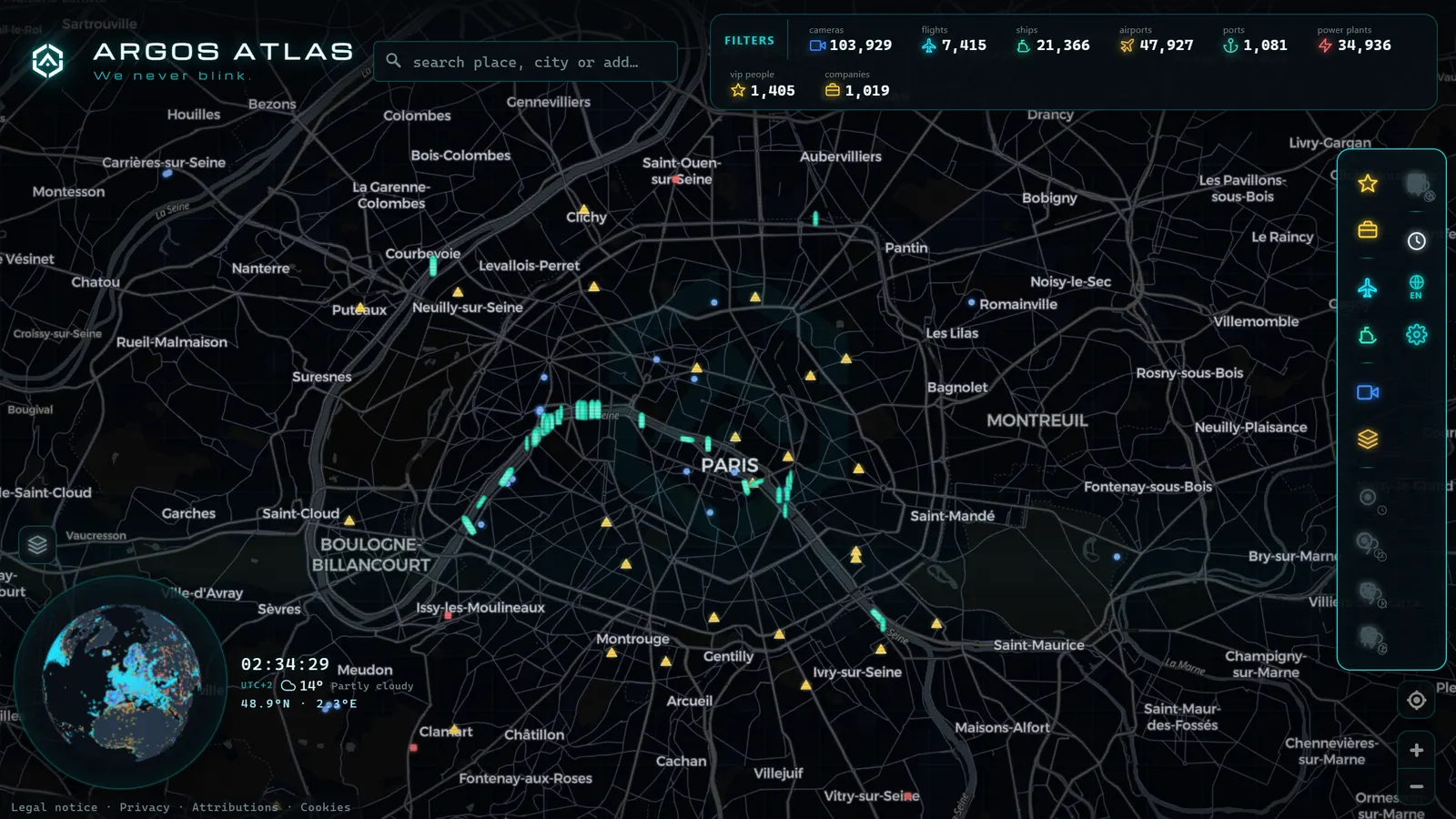Mapa de Paris con cámaras, vuelos y barcos en vivo en ARGOS ATLAS