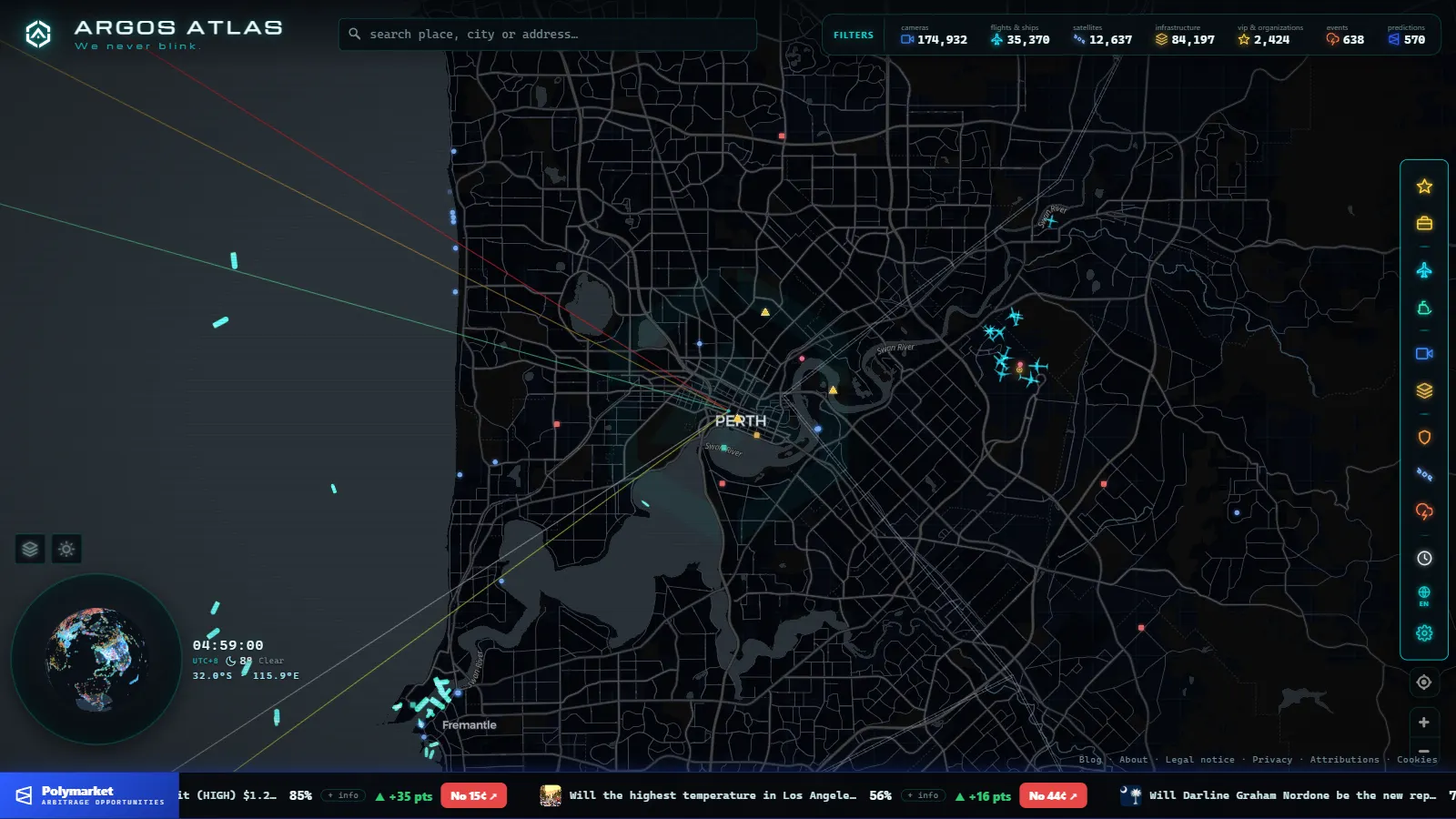 Mapa de Perth con cámaras, vuelos y barcos en vivo en ARGOS ATLAS
