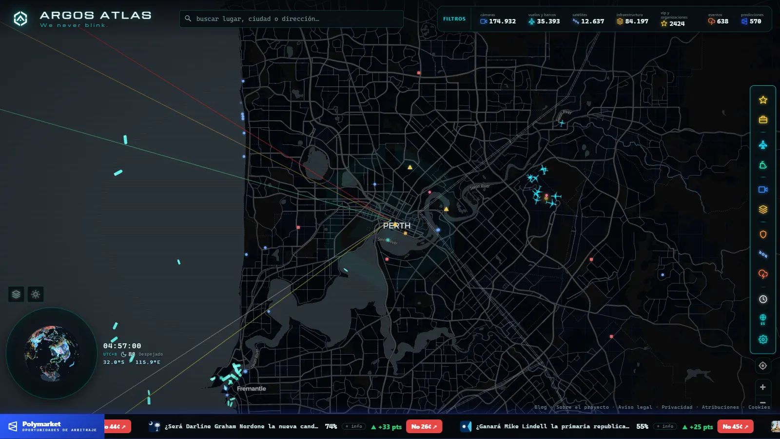 Mapa de Perth con cámaras, vuelos y barcos en vivo en ARGOS ATLAS