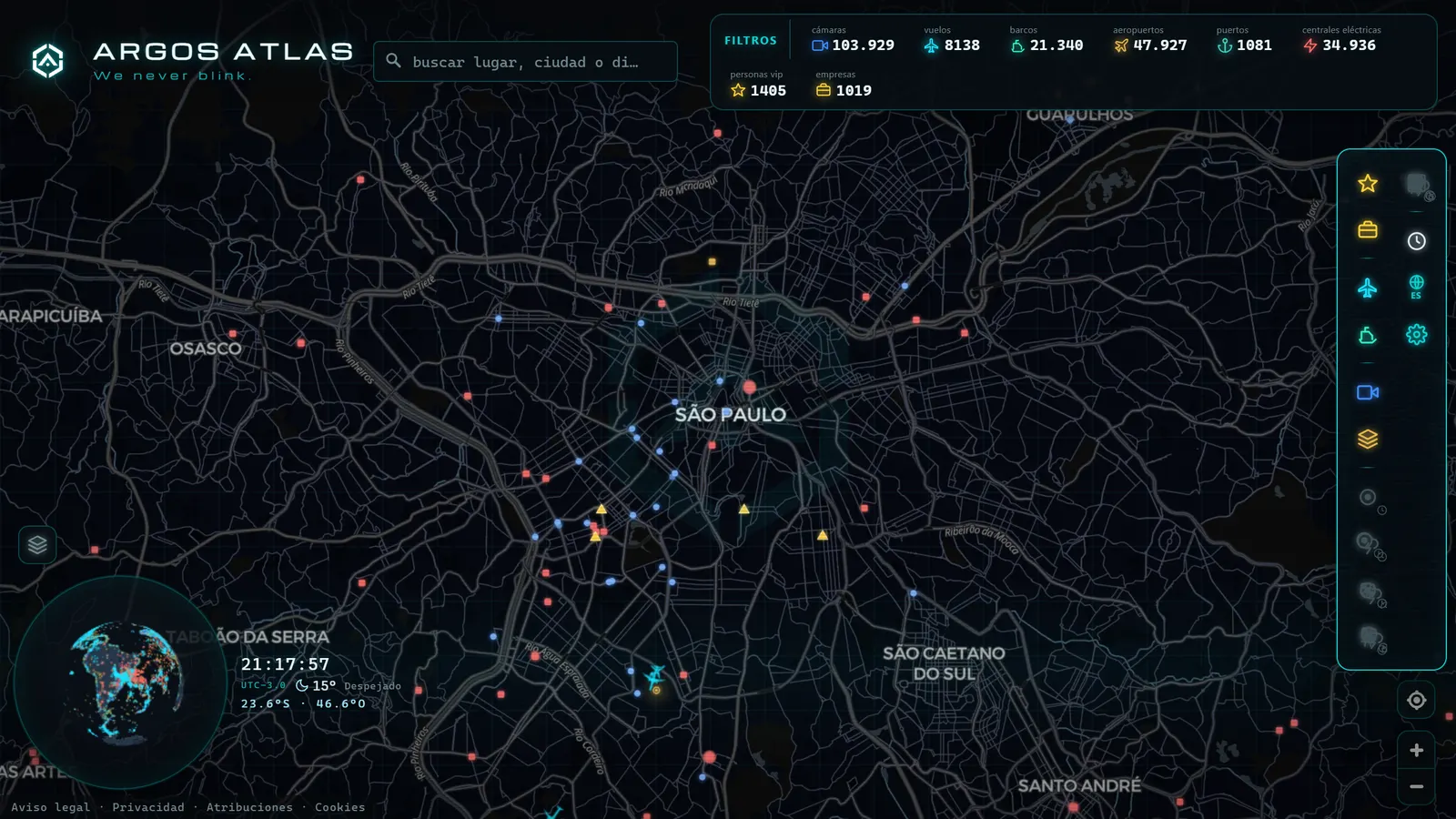 Mapa de São Paulo con cámaras, vuelos y barcos en vivo en ARGOS ATLAS