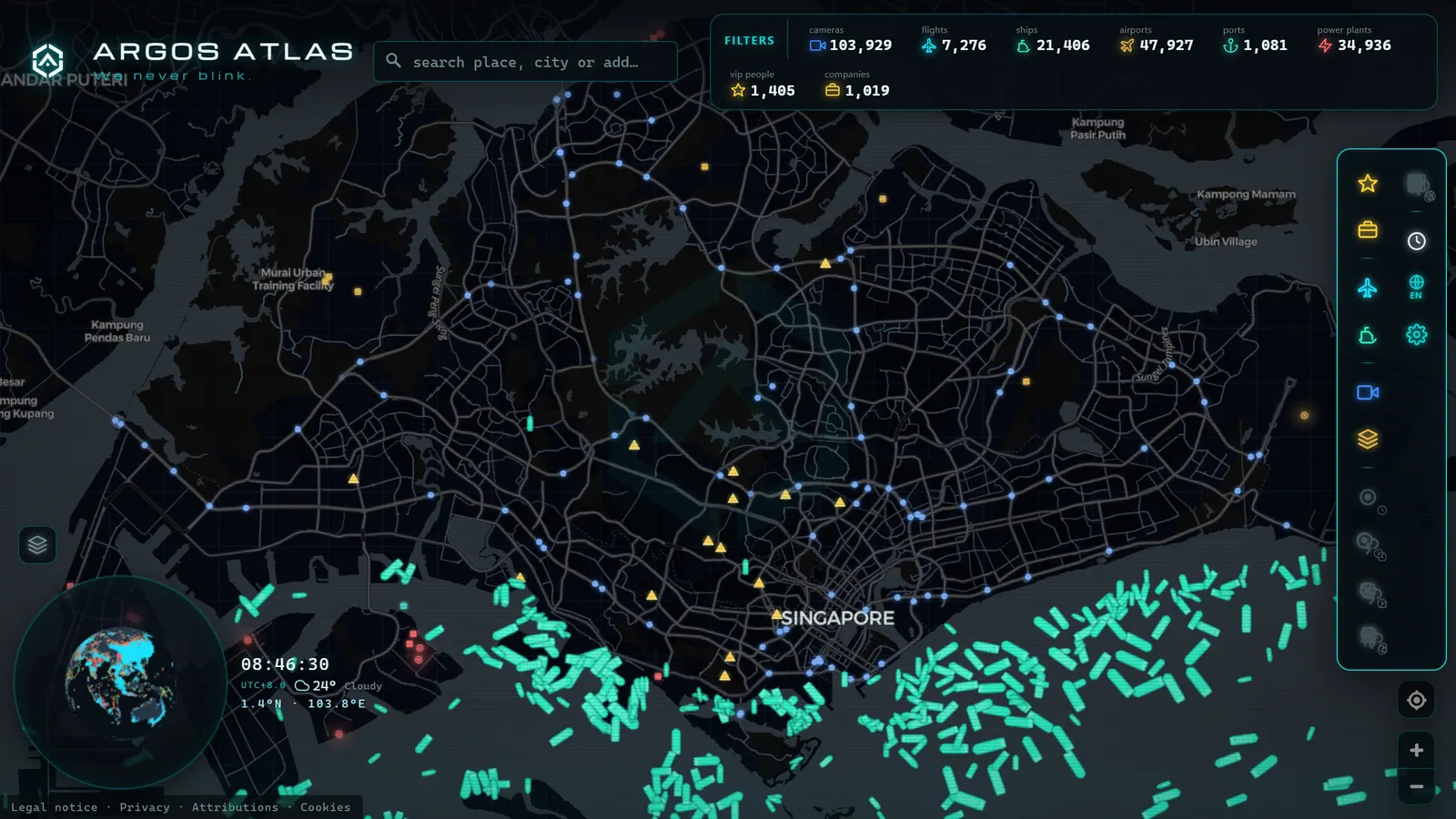 Mapa de Singapore con cámaras, vuelos y barcos en vivo en ARGOS ATLAS