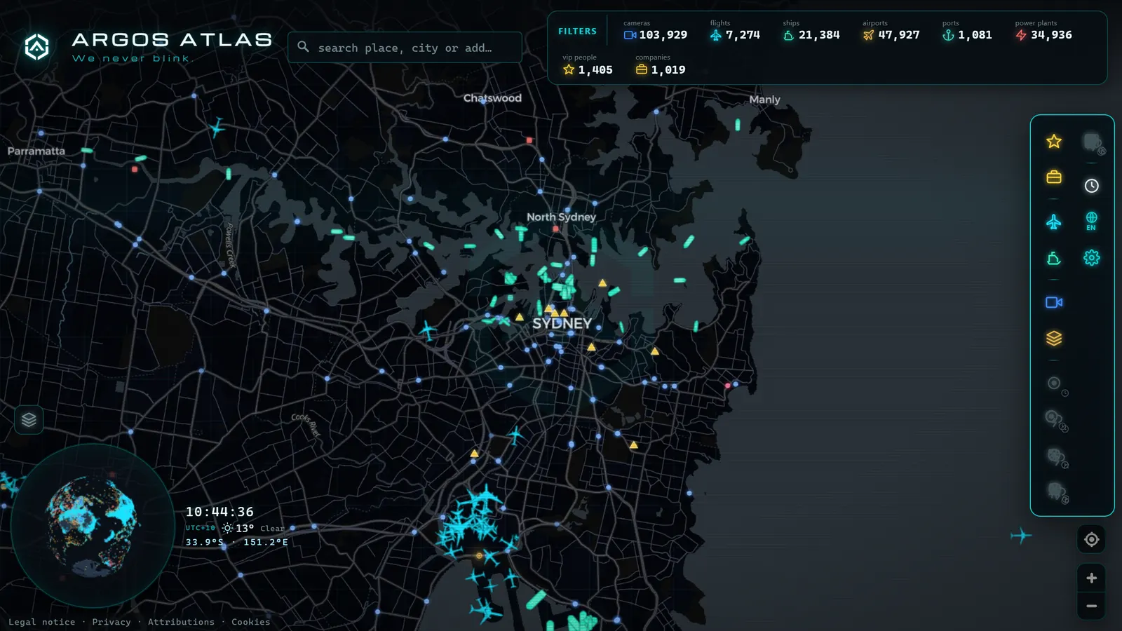 Mapa de Sydney con cámaras, vuelos y barcos en vivo en ARGOS ATLAS