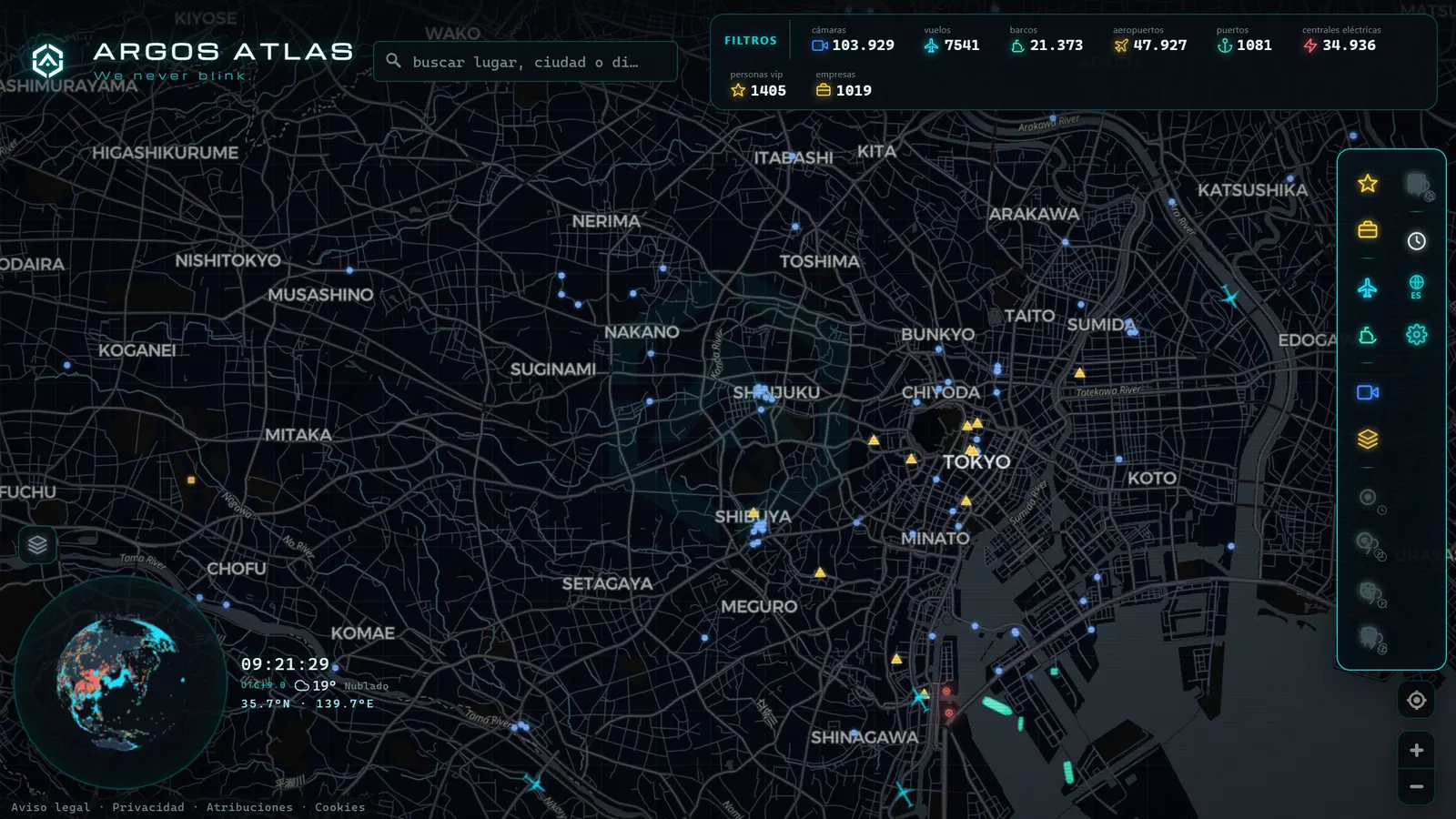 Mapa de Tokio con cámaras, vuelos y barcos en vivo en ARGOS ATLAS