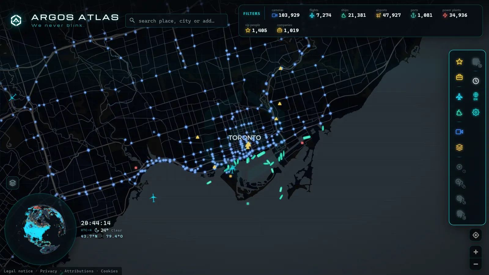 Mapa de Toronto con cámaras, vuelos y barcos en vivo en ARGOS ATLAS