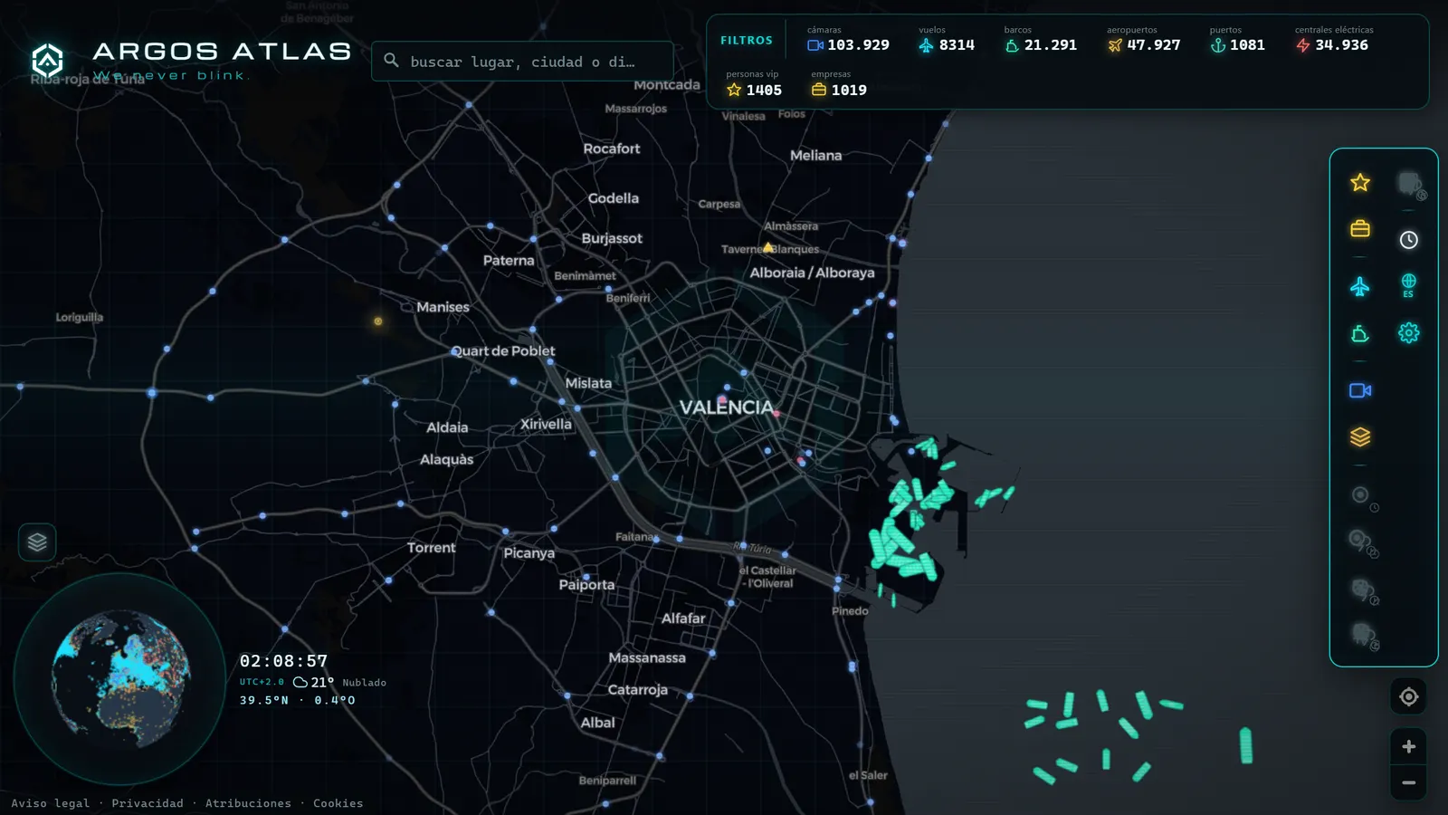 Mapa de Valencia con cámaras, vuelos y barcos en vivo en ARGOS ATLAS