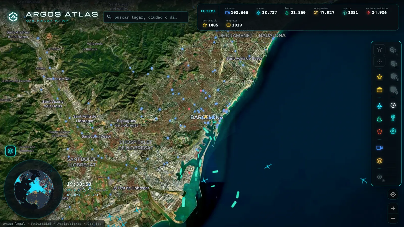 Modo satélite sobre Barcelona en ARGOS ATLAS