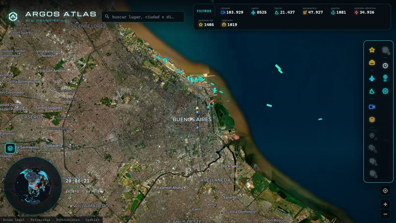 Modo satélite sobre Buenos Aires en ARGOS ATLAS