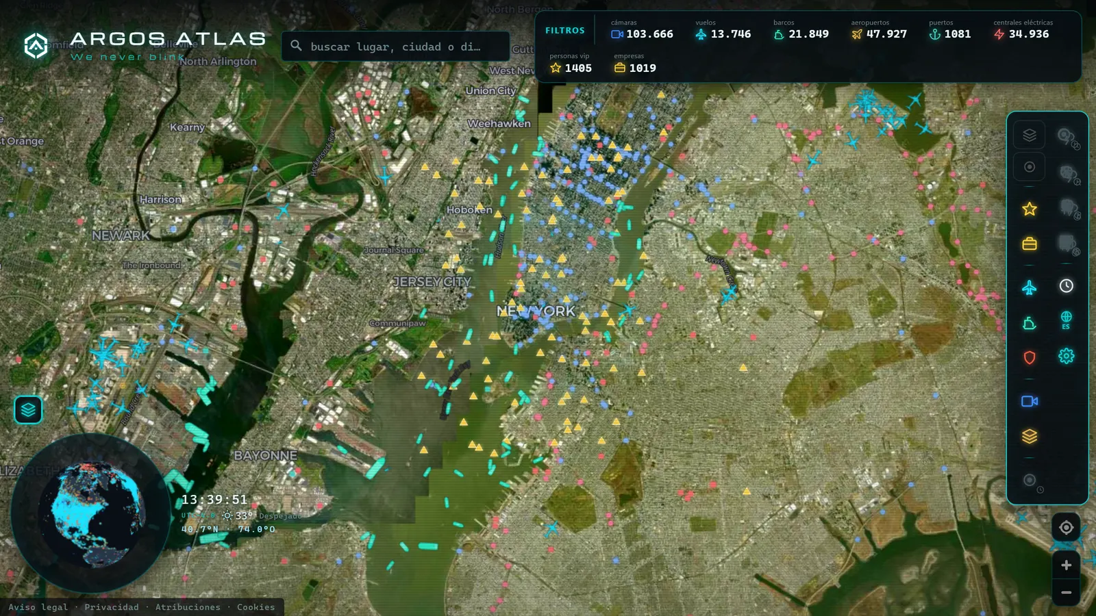 Modo satélite sobre Nueva York en ARGOS ATLAS