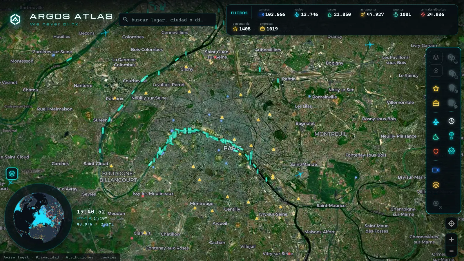 Modo satélite sobre París en ARGOS ATLAS