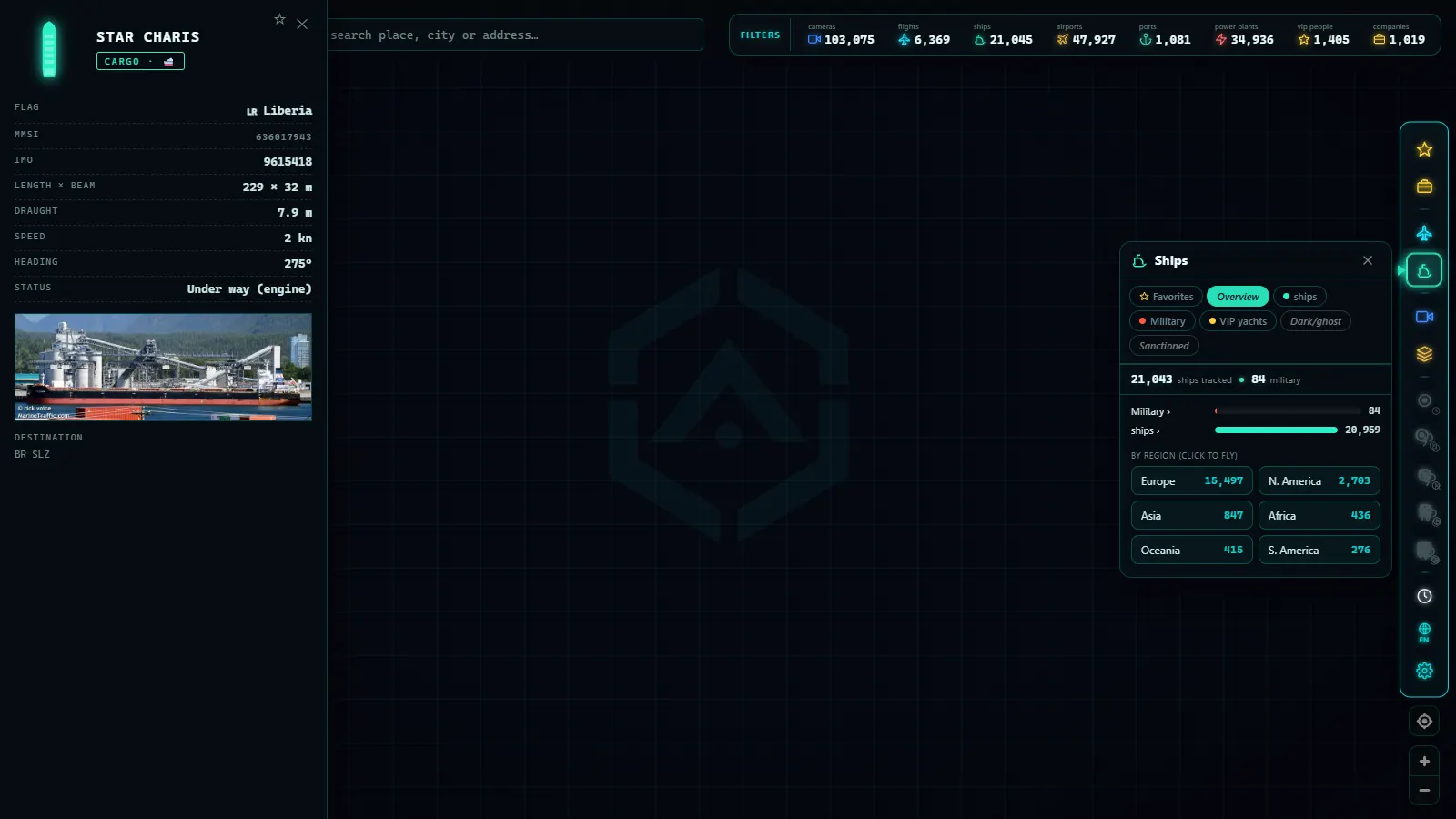 ARGOS ATLAS with the detail card, the ships panel and the filters open at once