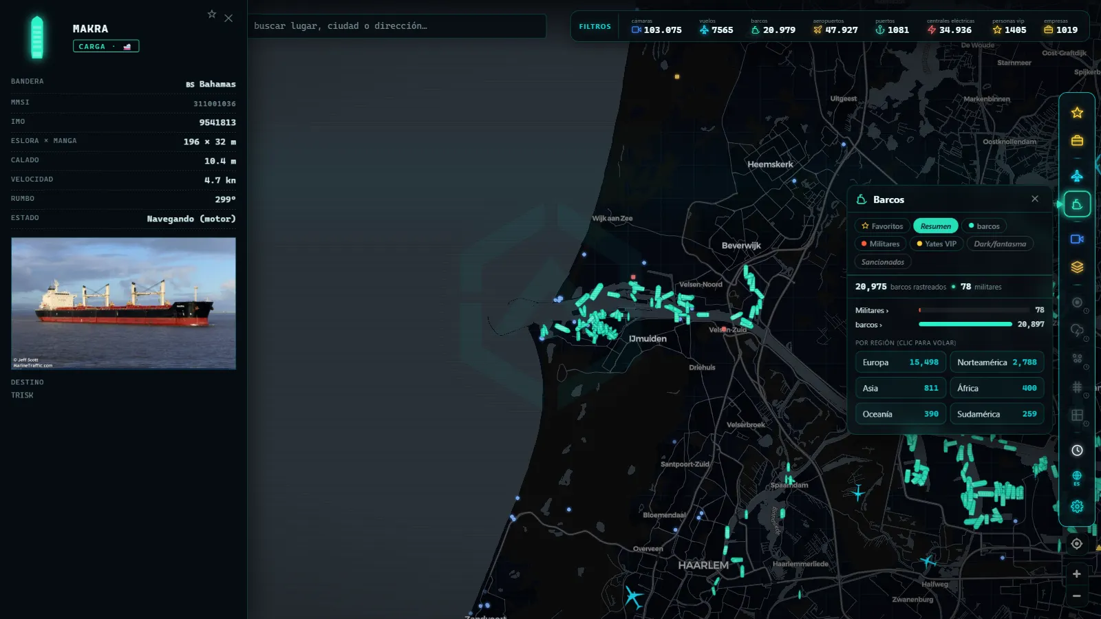 ARGOS ATLAS con la ficha, el panel de barcos y los filtros abiertos a la vez
