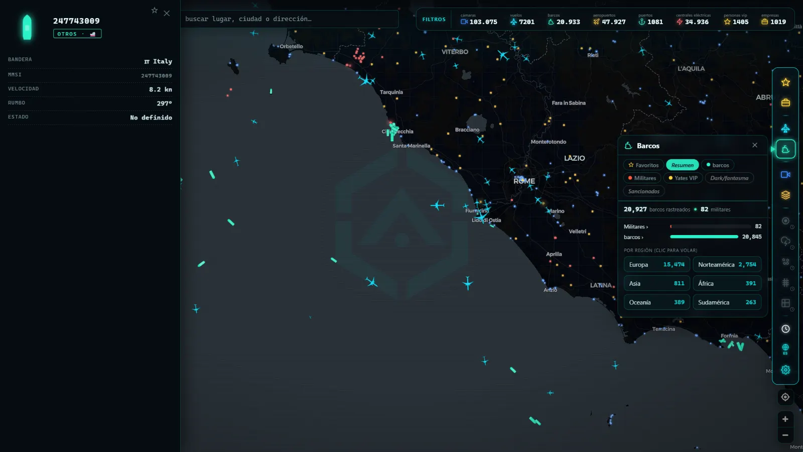 ARGOS ATLAS con la ficha, el panel de barcos y los filtros abiertos a la vez