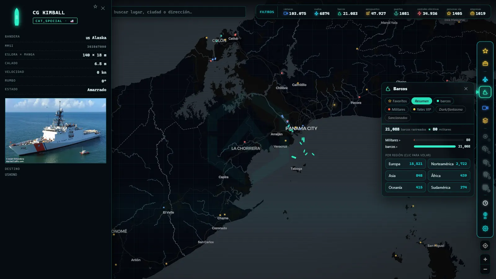 ARGOS ATLAS con la ficha, el panel de barcos y los filtros abiertos a la vez